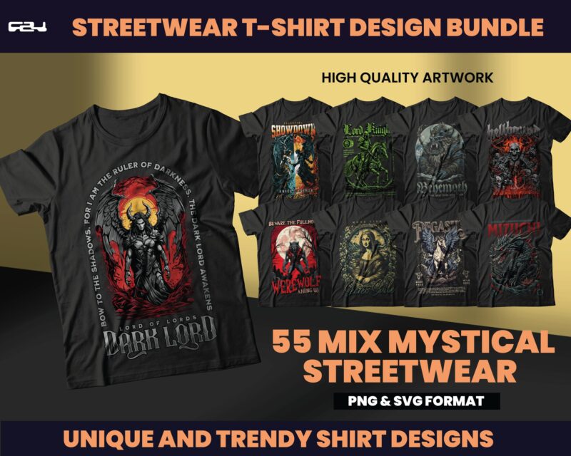 55 MIX Urban Streetwear Designs, T-shirt Design bundle, Streetwear Designs, Mythical creature Design, shirt designs, tee designs, DTF, DTG