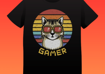 Gamer cat, vintage, retro design, sunset, typography, t-shirt design, old gaming t-shirt design, cat gaming