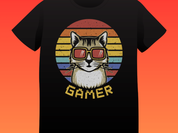 Gamer cat, vintage, retro design, sunset, typography, t-shirt design, old gaming t-shirt design, cat gaming Gamer cat, vintage, retro design, sunset, typography, t-shirt design, old gaming t-shirt design, cat gaming