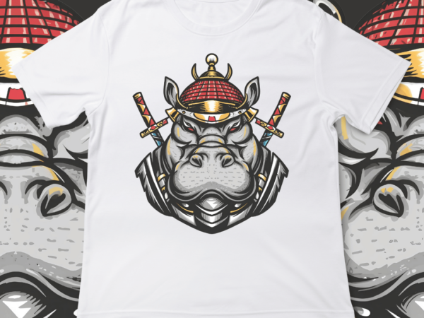 Samurai hippopotamus, t-shirt design, template, instant download, hippopotamus in samurai attire, graphic t-shirt design