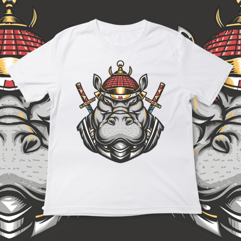 Samurai Hippopotamus, t-shirt design, template, instant download, Hippopotamus in samurai attire, graphic t-shirt design