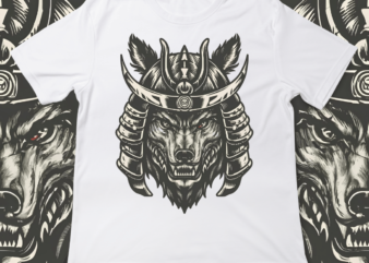 Samurai Wolf, t-shirt design, template, instant download, Wolf in samurai attire, graphic t-shirt design