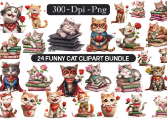 Book and funny cat clipart bundle, animal sublimation designs, funny cat clipart bundle, cute funny cat sublimation clipart, cat clipart,