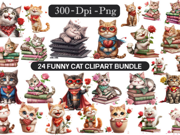 Book and funny cat clipart bundle, animal sublimation designs, funny cat clipart bundle, cute funny cat sublimation clipart, cat clipart,