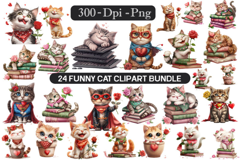 Book and funny Cat Clipart Bundle, Animal sublimation Designs, Funny Cat Clipart Bundle, Cute Funny Cat Sublimation Clipart, Cat Clipart,