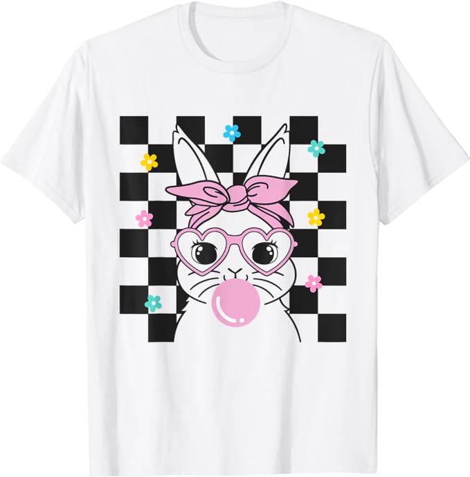 Cute Bunny With Bandana Glasses Bubblegu Easter Rabbit Girl T-Shirt