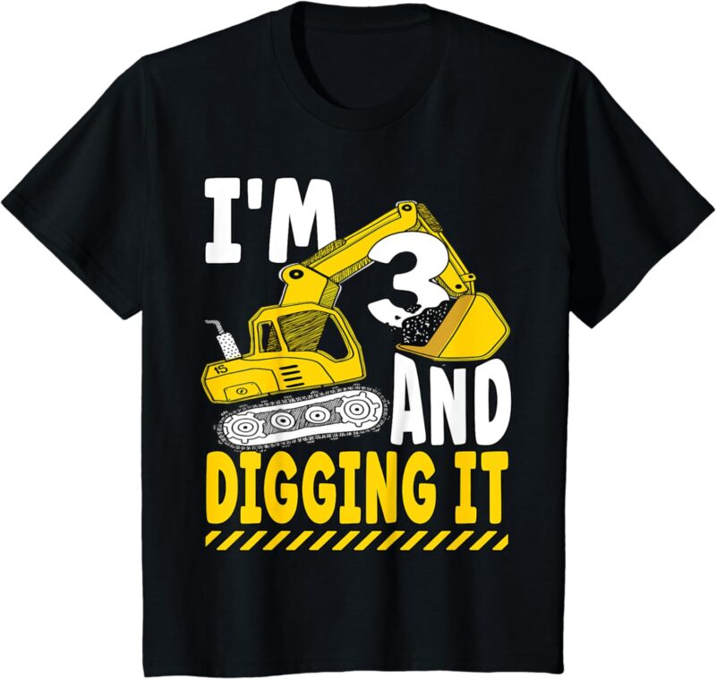 Kids Kids Funny three 3yr 3rd Birthday Excavator Boy 3 Years Old T-Shirt