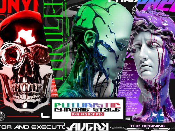 Futuristic streetwear chrome t-shirt designs bundle, futuristic chrome brutalism, cybercore streetwear design