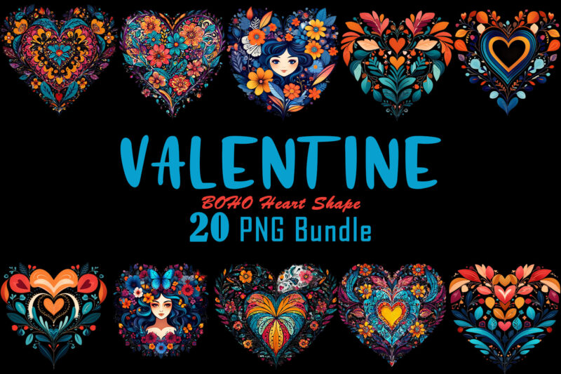 Valentines Day Art Boho Heart Illustration T-shirt Clipart Bundle V.2