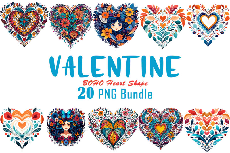 Valentines Day Art Boho Heart Illustration T-shirt Clipart Bundle V.2