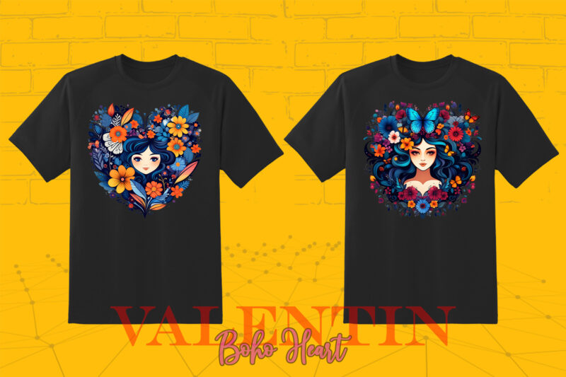 Valentines Day Art Boho Heart Illustration T-shirt Clipart Bundle V.2