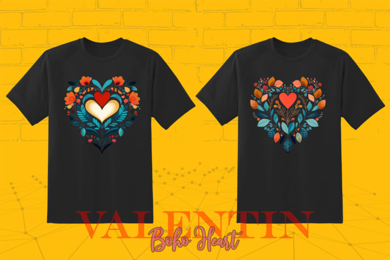 Valentines Day Art Boho Heart Illustration T-shirt Clipart Bundle V.2