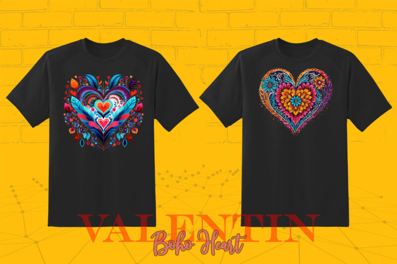 Valentines Day Art Boho Heart Illustration T-shirt Clipart Bundle V.2