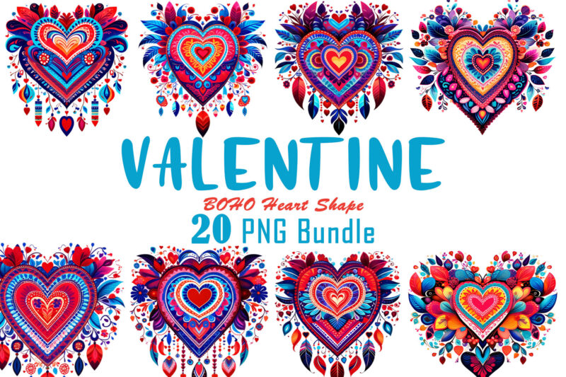 Flowerish Boho Heart Illustration Clipart Bundle