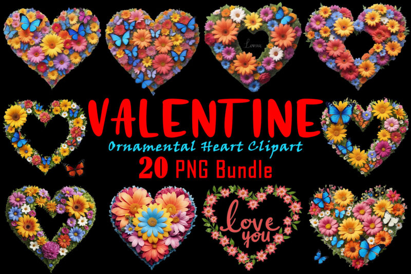 Love for Valentines Day Blooming Heart Illustration Clipart Bundle