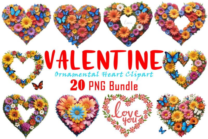 Love for Valentines Day Blooming Heart Illustration Clipart Bundle