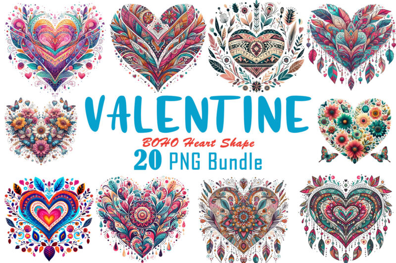 Vintage Boho Heart Illustration T-shirt Clipart Bundle