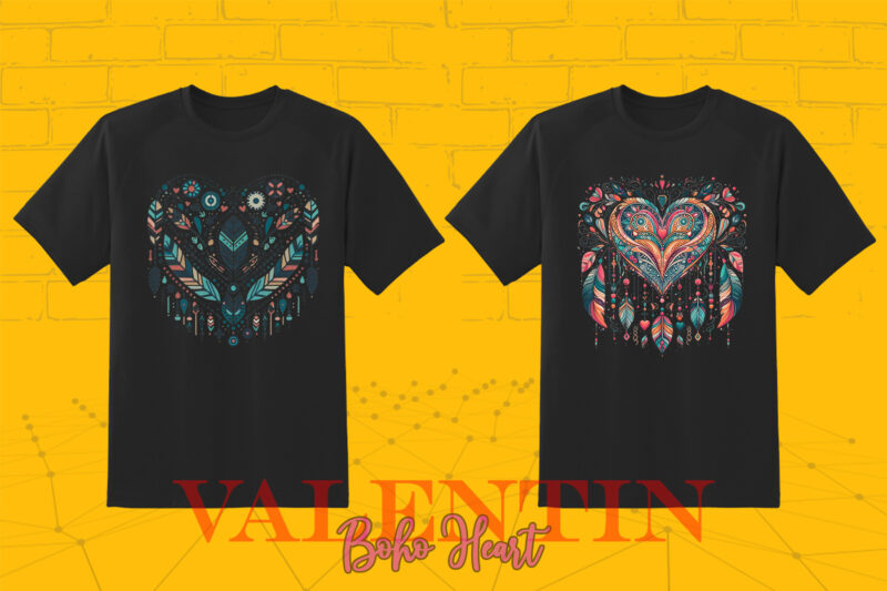 Vintage Boho Heart Illustration T-shirt Clipart Bundle