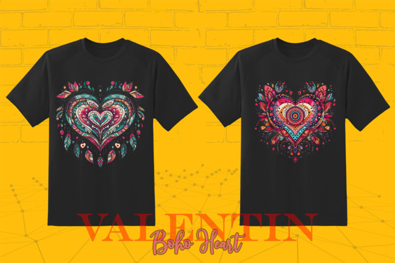 Vintage Boho Heart Illustration T-shirt Clipart Bundle