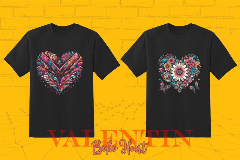 Vintage Boho Heart Illustration T-shirt Clipart Bundle