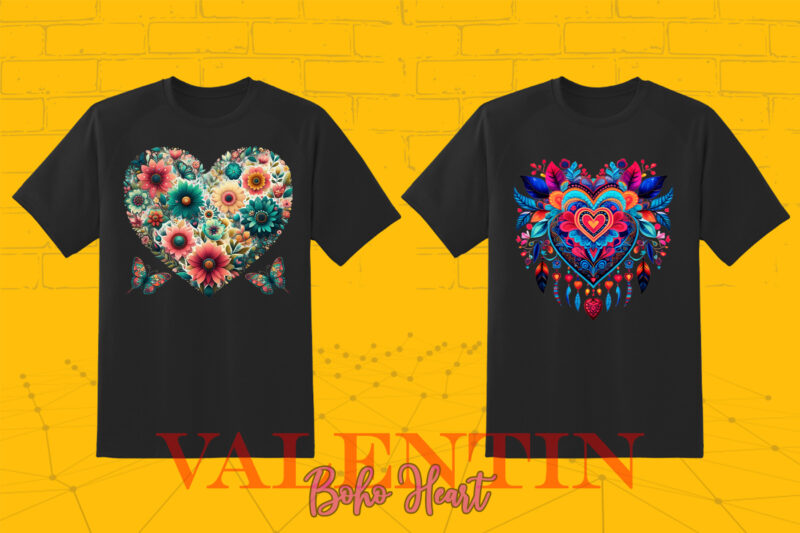 Vintage Boho Heart Illustration T-shirt Clipart Bundle