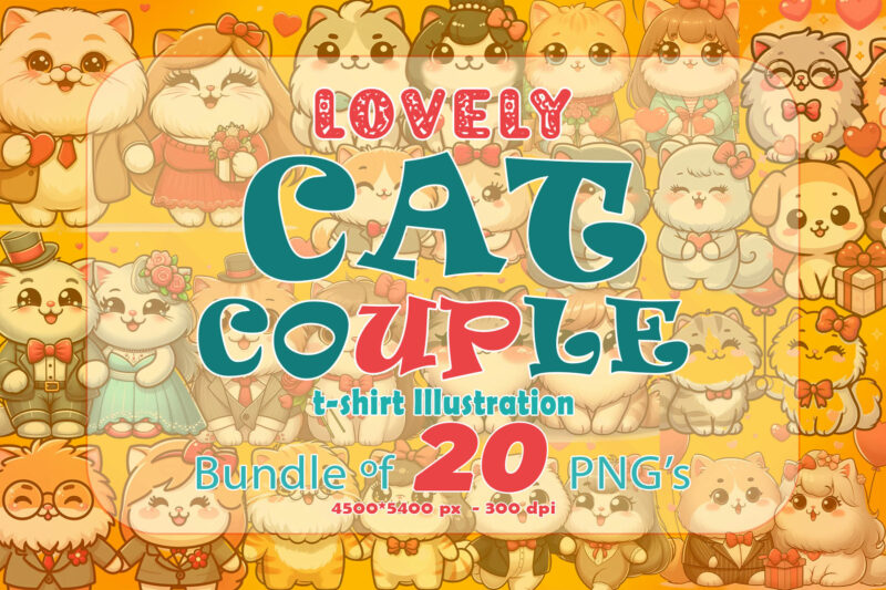 Valentines day Cute Cat Couple Illustration T-shirt Clipart Bundle