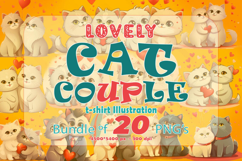 Couple Cat Illustration Clipart T-shirt Design Bundle