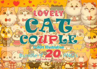 20 Loving Cat Couple Illustration T-shirt Clipart Bundle