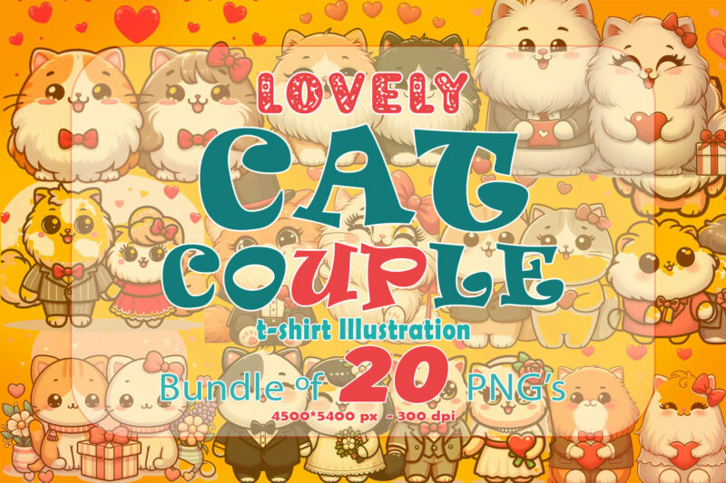 20 Loving Cat Couple Illustration T-shirt Clipart Bundle