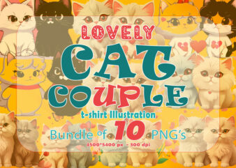 Cute Cat Couple Illustration T-shirt 10 Cliparts Bundle
