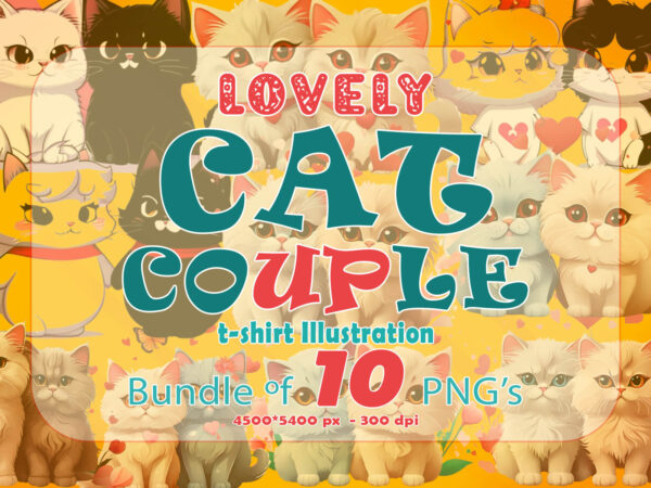 Cute cat couple illustration t-shirt 10 cliparts bundle