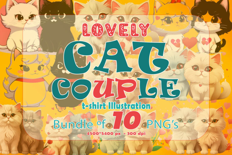 Cute Cat Couple Illustration T-shirt 10 Cliparts Bundle