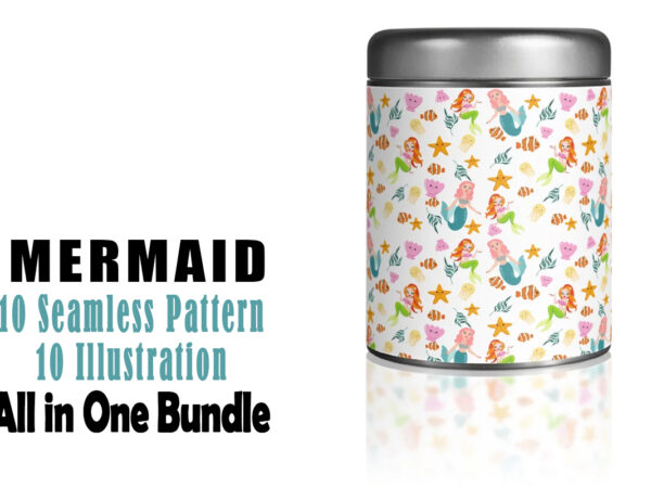 Cute mermaid 10 illustration and 10 seamless pattern 20 combo bundle t shirt vector file