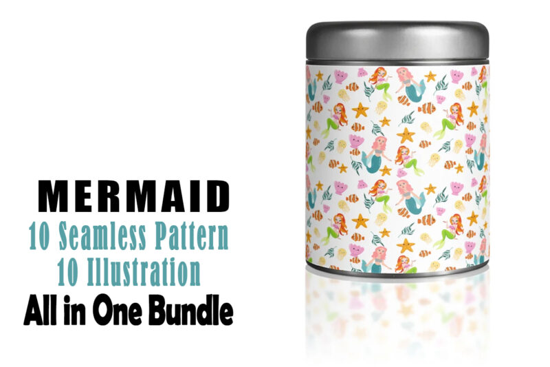 Cute Mermaid 10 Illustration and 10 Seamless Pattern 20 Combo Bundle