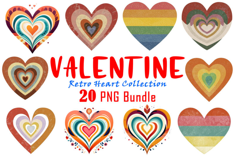Love for Valentines Day Vintage Heart Illustration Clipart Bundle