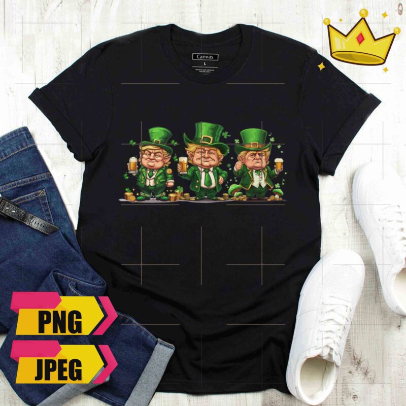 Saint Patrick’s Day Three Trump Chibi Drinking Lucky Clover Design PNG Shirt