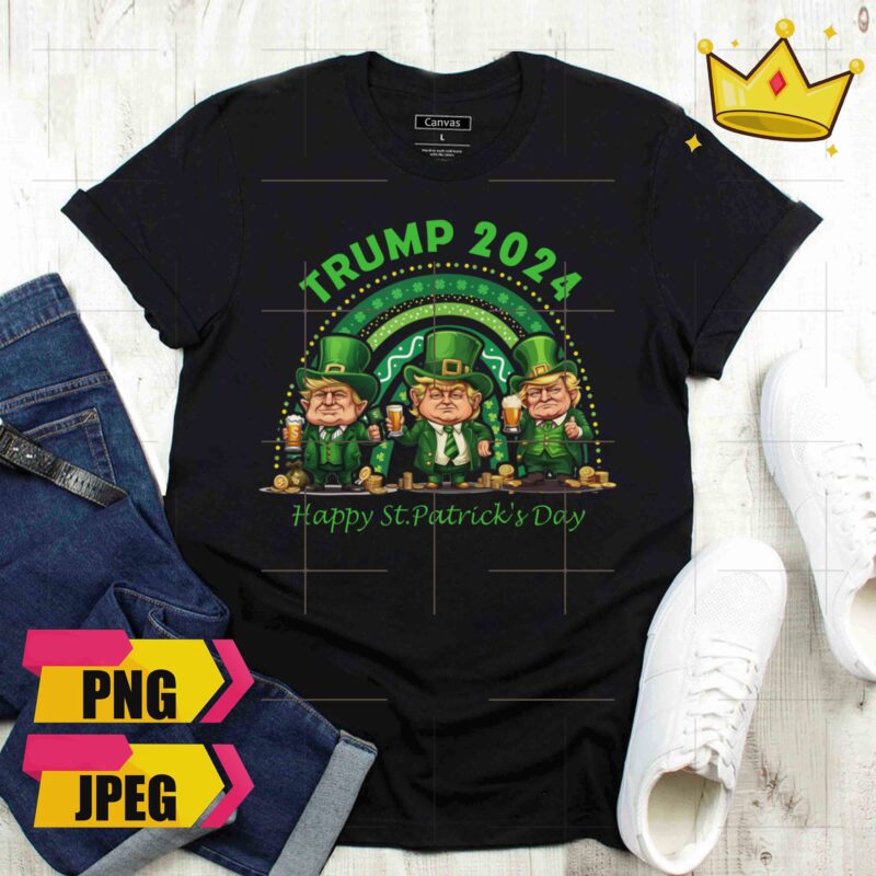 Trump 2024 Three Trump Chibi Green Rainbow Happy St Patricks Day 2024 Design PNG Shirt