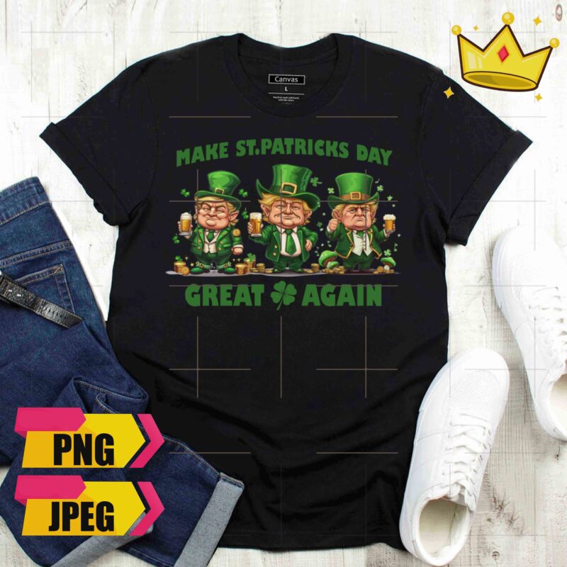 Three Trump Make St Patrick’s Day Great Again Trump Chibi 2024 Drinking Beer Design PNG Shirt