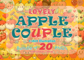 Valentines Day Couple Apple Cartoon Character Illustration T-shirt Clipart Bundle