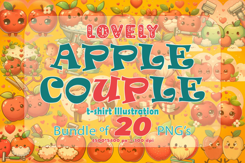 Valentines Day apple couple Illustration T-shirt Clipart for Your Next T-Shirt specifically for Print on Demand websites.