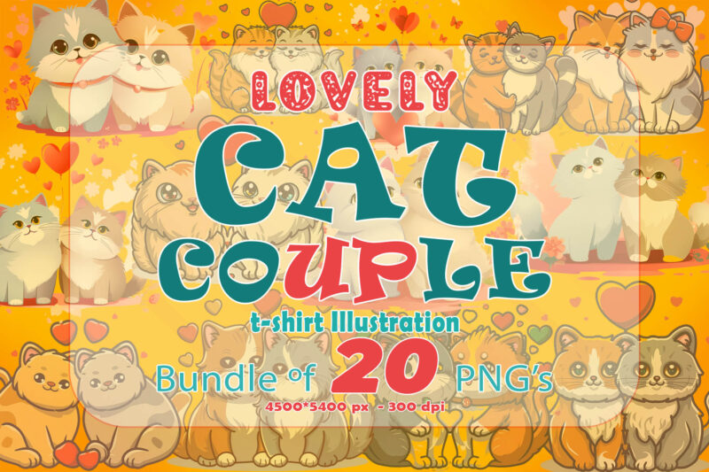 Passion Valentines Day Loving Cat Couple Illustration T-shirt Clipart Set