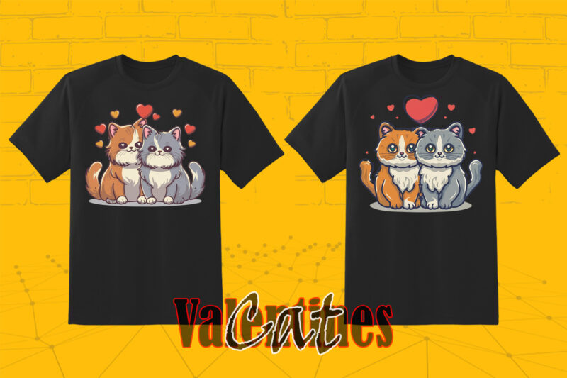 Passion Valentines Day Loving Cat Couple Illustration T-shirt Clipart Set