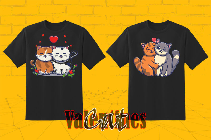 Passion Valentines Day Loving Cat Couple Illustration T-shirt Clipart Set