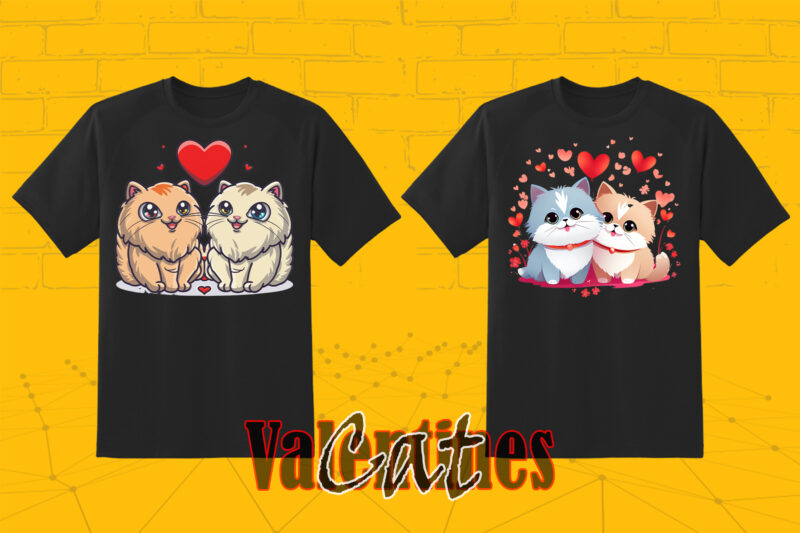 Passion Valentines Day Loving Cat Couple Illustration T-shirt Clipart Set