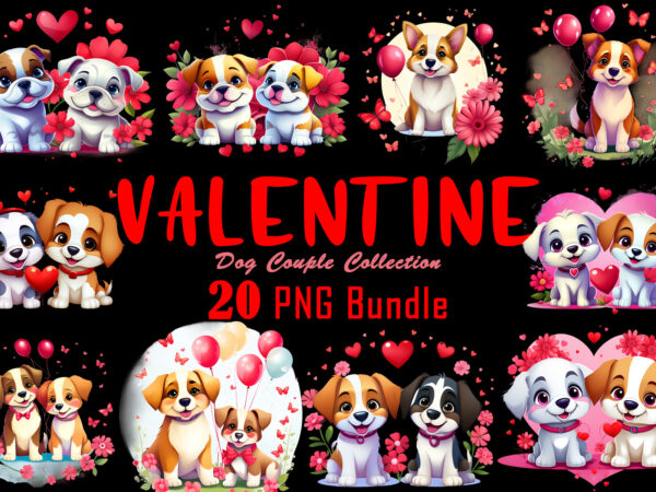 Valentines day dog couple cartoon character 20 illustration t-shirt design bundle
