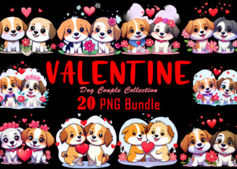 20 Valentines Day Dog Couple Cartoon Character Illustration T-shirt Clipart Bundle