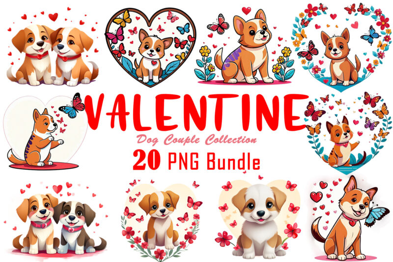 Valentines Day Dog Couple Cartoon Character Illustration 20 T-shirt PNG Clipart Bundle