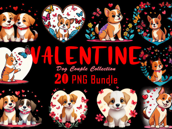 Valentines day dog couple cartoon character illustration 20 t-shirt png clipart bundle