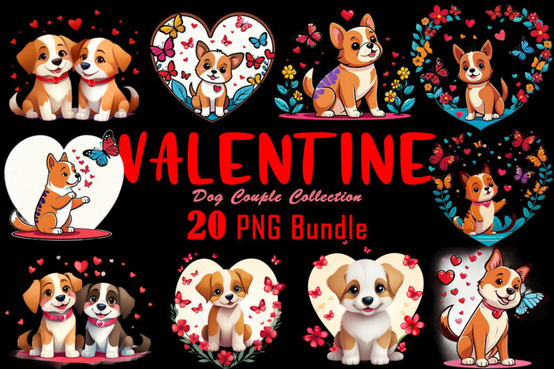 Valentines Day Dog Couple Cartoon Character Illustration 20 T-shirt PNG Clipart Bundle