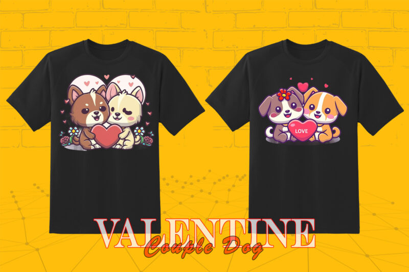Valentines Day Dog Couple Cartoon Character Illustration T-shirt Design Bundle